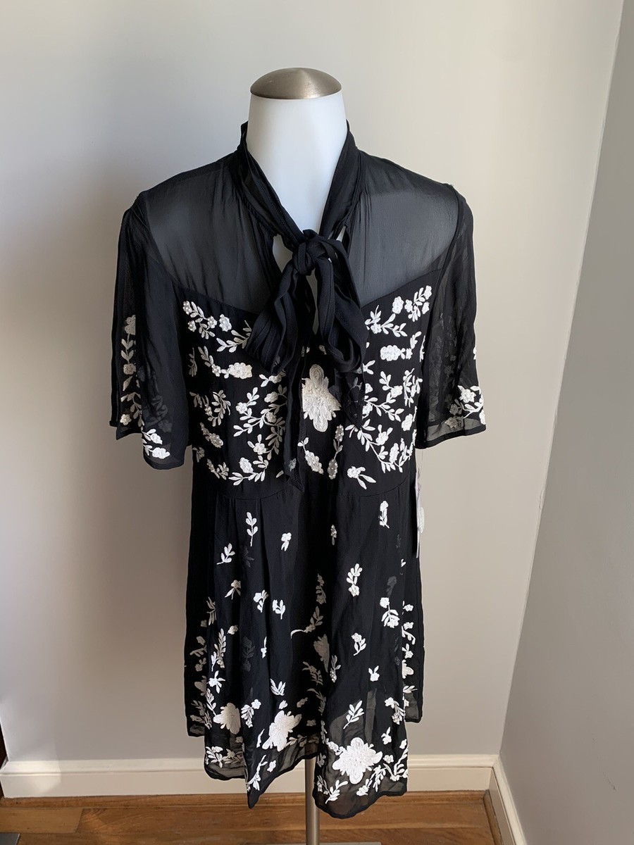 Womens French Connection Black Midnight Garden Dress Embroidered Floral  Sheer 2
