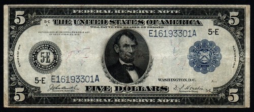 1914 $5 LARGE Size RICHMOND, VIRGINIA Federal Reserve Note! VERY FINE+