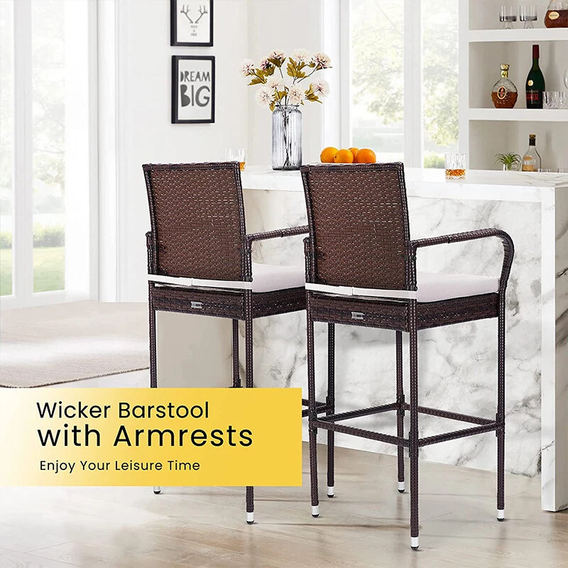 Set of 4 Indooor Outdoor Backyard Patio Wicker Barstool Bar Stools w/ Cushion - Image 2 of 4