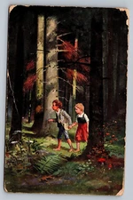 1907 Posted Boy And Girl Hand And Hand in Deep Forrest Vintage Postcard