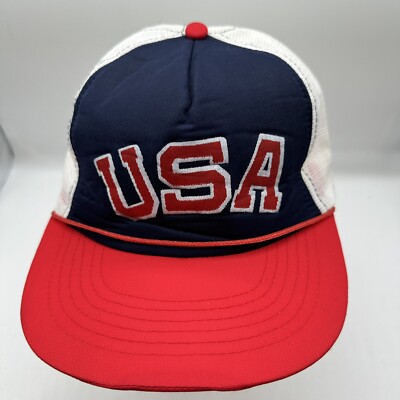 VTG USA Logo Script Trucker Hat Snapback Cap Mesh Olympics Two Tone America Foam