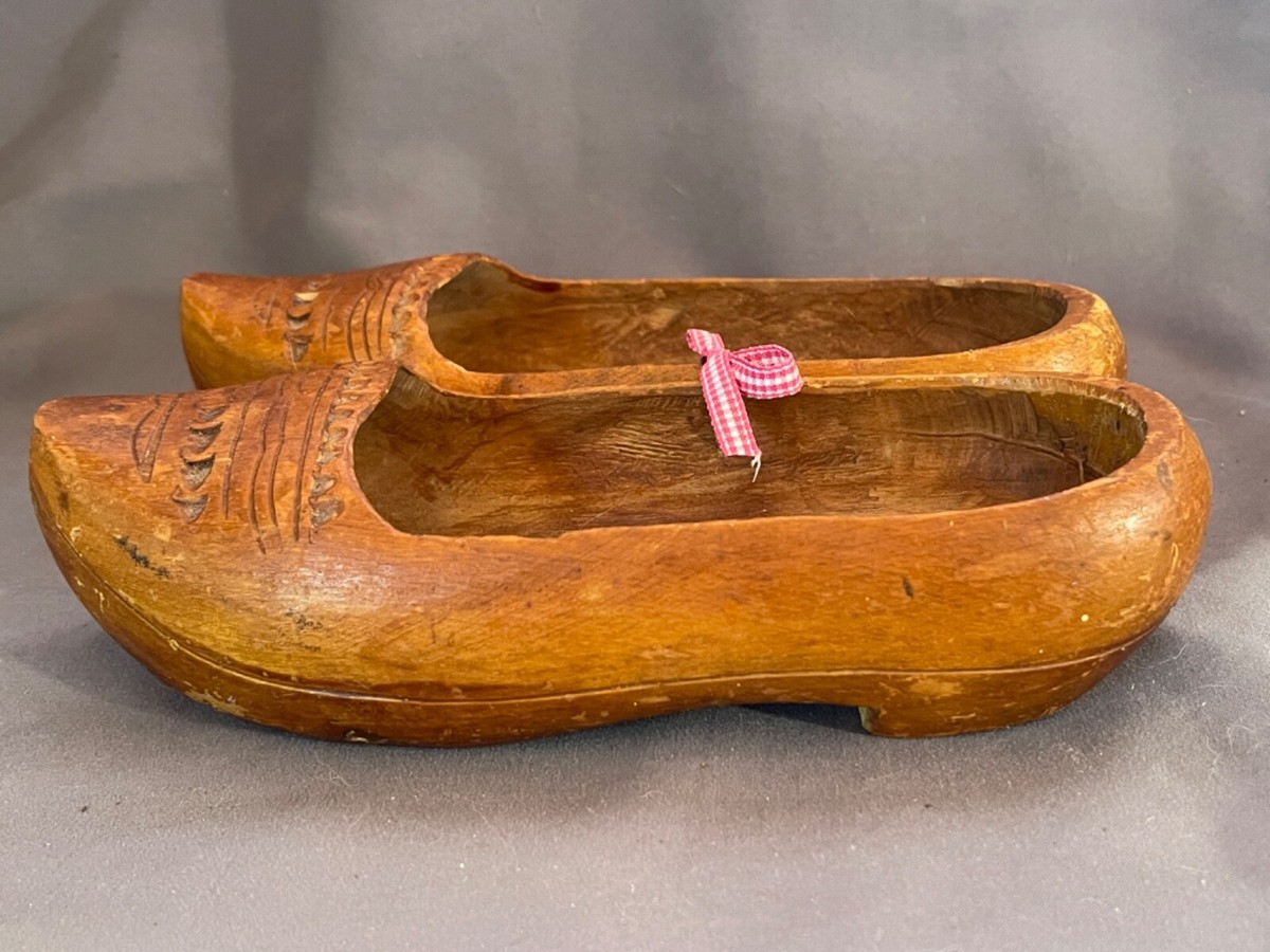 Antique carved French wooden shoes clogs Signed Wingate