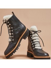 Marc Fisher Black Izzie Hiker Lace-Up Shearling-Trim Boots Women's Size 9