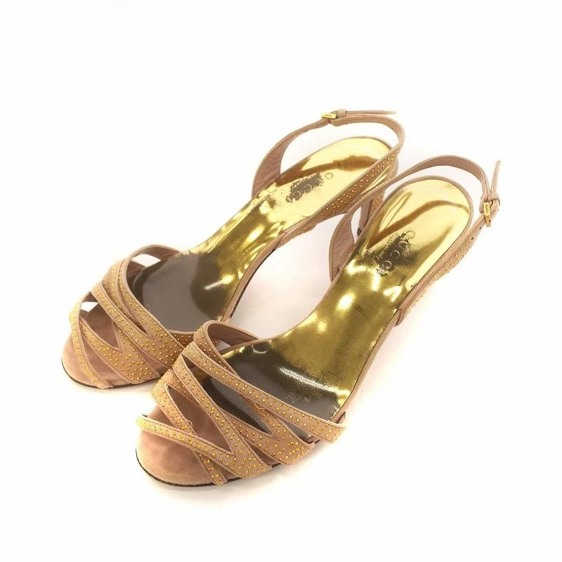 Sandales Gucci Stiletto rose beige cuir strass sangle 22,5 cm