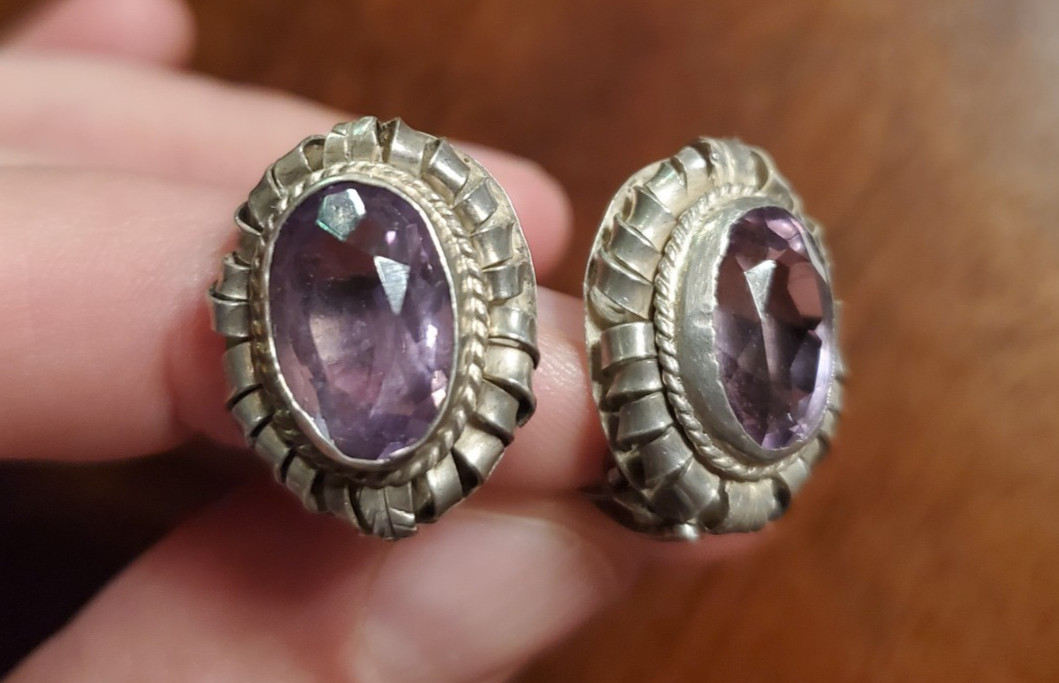 Antique Stamped 800 Silver Amethyst Arts And Crafts Clip On Earrings