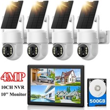 2K Solar PTZ Wireless Security Camera System Outdoor 10CH 10" Monitor NVR 500G