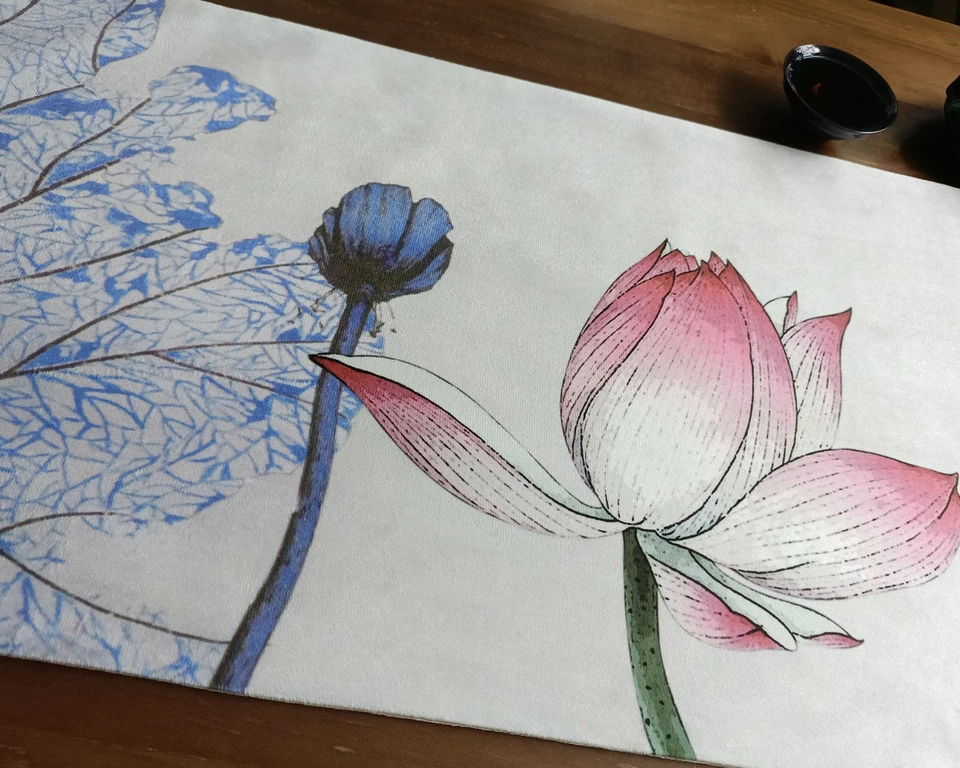 Double-Layer Table Runner with Tassel Chinese Decor Lotus Painting - Image 2 of 4