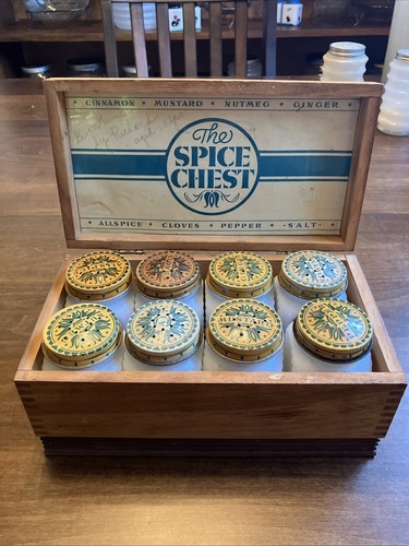 8 Vintage Hoosier style milk glass shakers Spice Chest w box Rare Piece