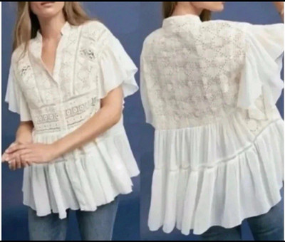 Anthropologie Akemi + Kin Lindy Popover Blouse Eyelet Crochet Ruffle Ivory Sz M