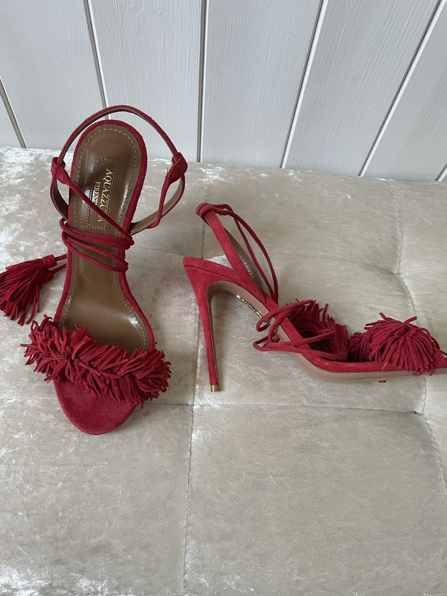 Aquazzura Wild Thing 105 Fringe Tasseled Suede Sandals Heels Red