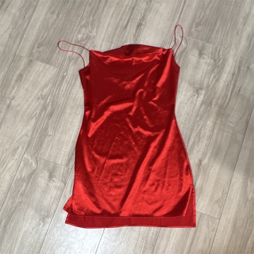 Women's Red Satin Cowl Neck Strappy Slip Mini Dress Size L