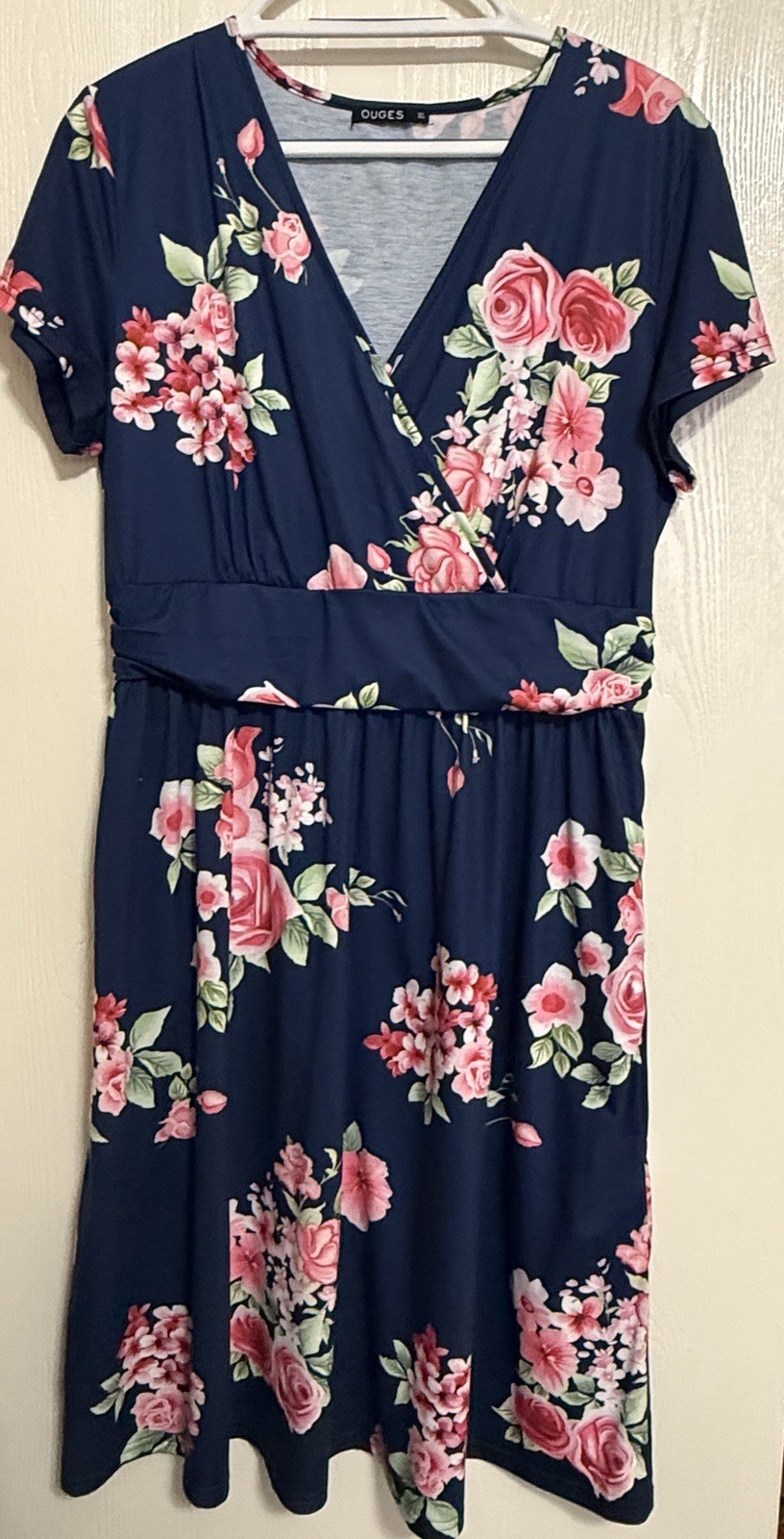 OUGES Women's Navy Floral Dress Size XL Short Sle… - image 1