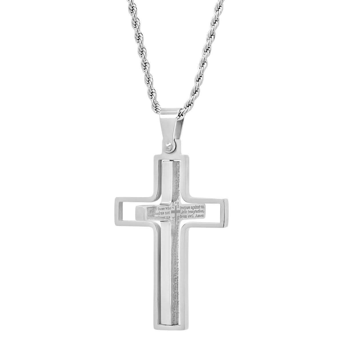 Men Stainless Steel Our Father English Prayer Rotating Cross Pendant