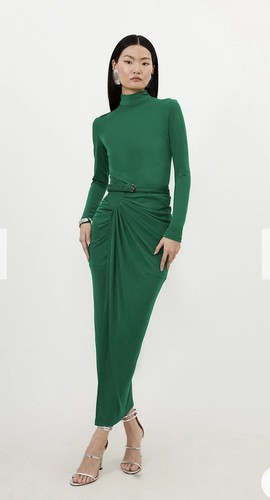 Karen Millen Premium Viscose Jersey Ruched Maxi Dress Green Long Sleeve Sz S - Picture 2 of 13