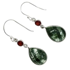 Natural Russian Seraphinite & Garnet 925 Sterling Silver Earrings Jewelry E-1002