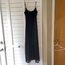 Taboo Y2K Black Prom Dress Size Small Cowl Neck Rhinestone Studded Mesh Cape