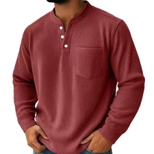 Men's Comfortable Corduroy Three-button Henry Collar Long-sleeved Shirt Polo Shi
