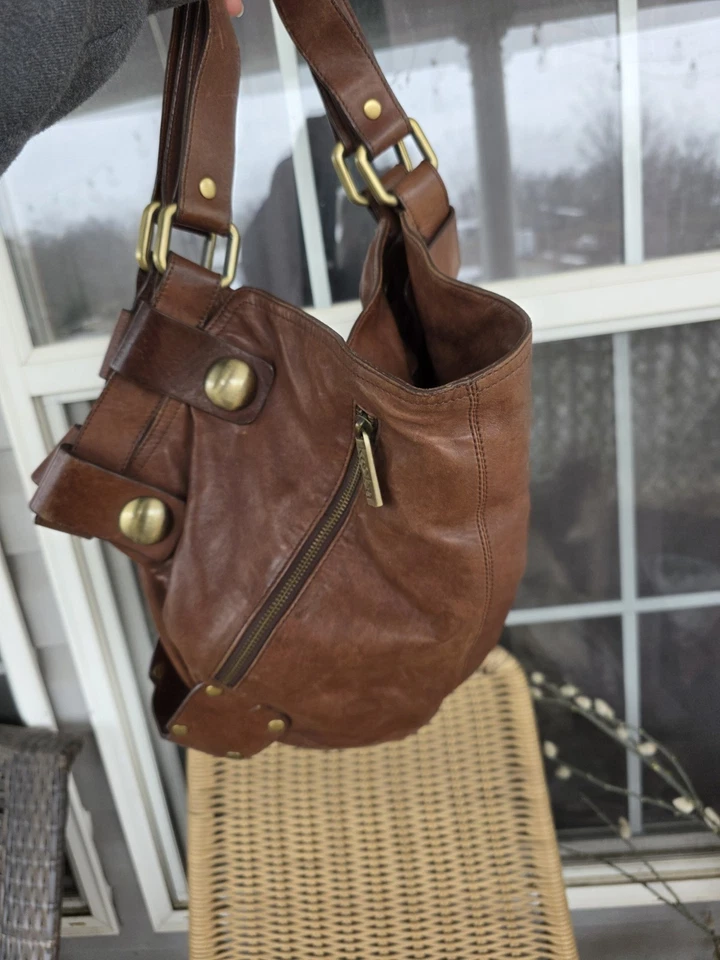 Bolso de Hombro Kooba Cuero Marrón Hobo Grunge Doble Correa Bolso de Mano Envejecido Foto 4 de 4