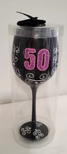 Over the Hill 50th Birthday Wine Glass – Black Rhinestone Party Stemware