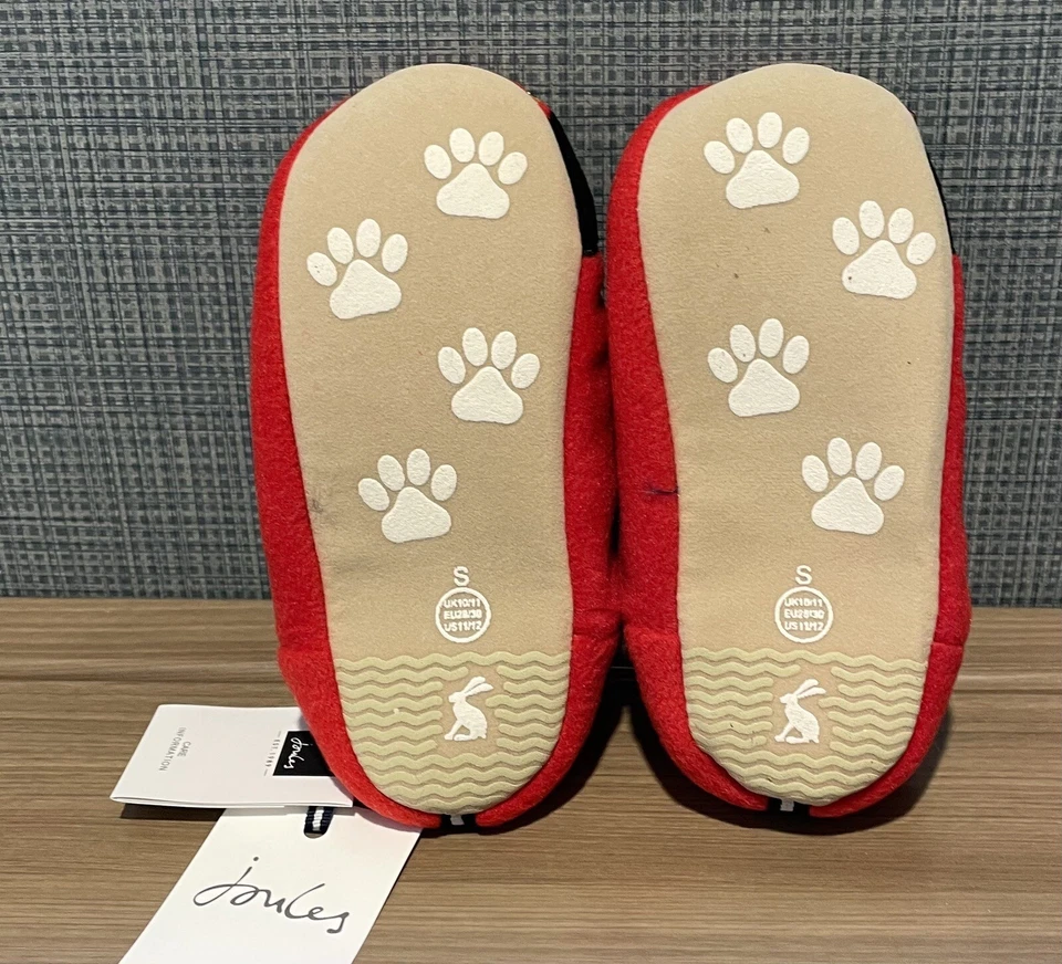 JOULES 拖鞋 S 11/12 红色闪光狗主题毛皮衬里全新带标签 — 第 2/4 张图片