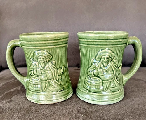 Set of 2 Vintage McCoy Pottery Pirate Buccaneer Sailor #6 Green Stoneware Mugs