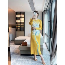 Spring Women's Flower Printed Fold Long Dress Female Pleated Dress Long Sleeve