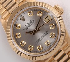 Rolex Lady Datejust 26mm President 18K Yellow Gold Fluted Silver Diamond Dial