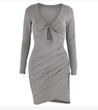 Women's Long Sleeve Deep V Neck Bandage Ruched Bodycon Club Mini Dress Large