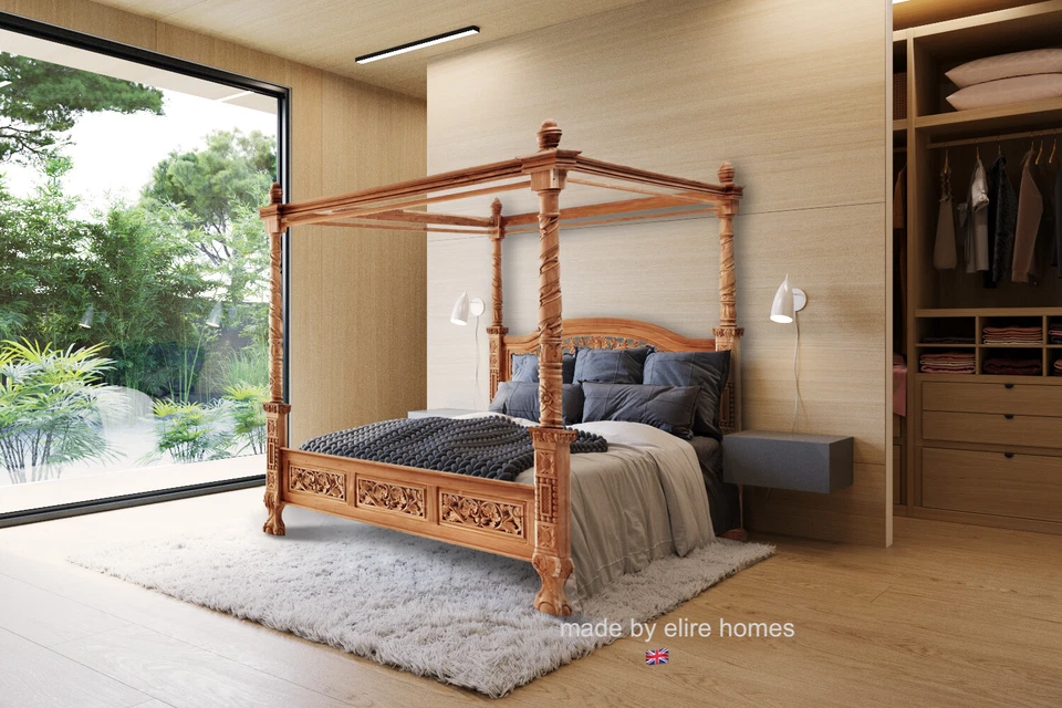 A MEDIDA ~ Madera de teca tallada cuatro póster diseño floral chippendale cama floral Foto 3 de 4