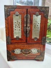 Vintage Chinese Wooden Jewellery Box Mahjong Cabinet Brass Carved Jade Inlaid