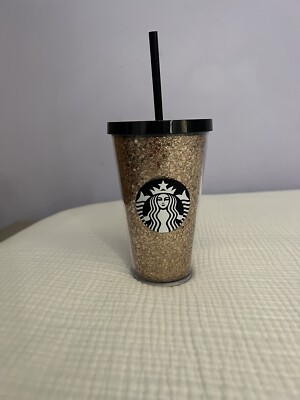 Starbucks Hot/Cold Cup Acrylic Tumbler gold Sparkle Glitter 16 oz w/ Straw  | eBay