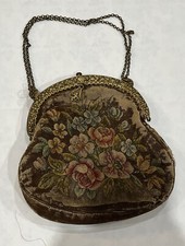 Antique Needlepoint Evening Bag Floral Brass Tone Hardware