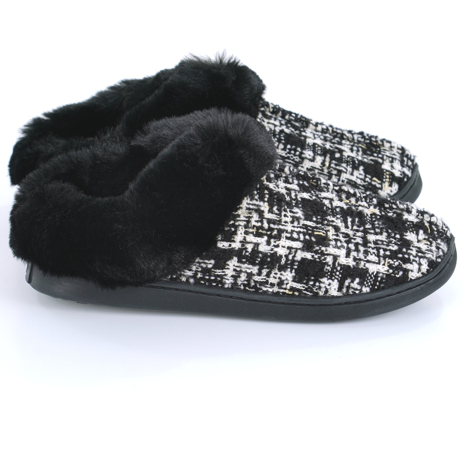 PANTOFOLA D’ORO LAUREN CONRAD donna TAGLIA 8 9 LARGE collo pelliccia NERO BIANCO TWEED ZOCCOLI PANTOFOLE