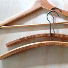 3 Vintage Wood Adv. Hangers 2-Sidney Mursten Furs Buffalo NY.  1- Brookstone