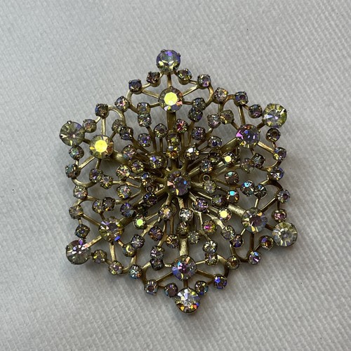 Huge Vintage Aurora Borealis Rhinestone Starburst Snow Flake Brooch Pin Gold