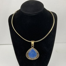 Barse Thailand Designer Lapis Pendent Torc Necklace Teardrop Gold Tone Signed