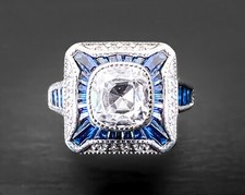 Art Deco Styl Baguette Blue White Lab-Created Sapphire Halo Sterling Silver Ring