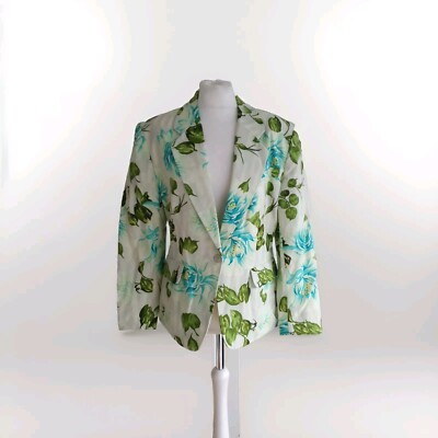 KENZO CITY DAMEN GRÜN BLUMENMUSTER LEINENMISCHUNG BLAZER JACKE. UK 14, EU 42.