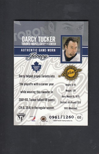 2002-03 Titanium Game Worn Jersey Toronto Maple Leafs #68 - DARCY TUCKER /1260 - Picture 2 of 2