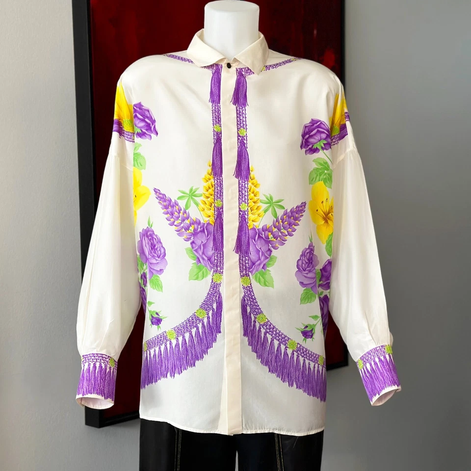 GIANNI VERSACE ivory silk shirt Tassel Fringe & Floral print size 3XL from 1990 - Image 3 of 4