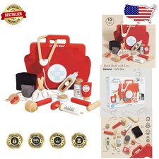 Wooden Doctor Kit for Kids - 10pc Pretend Play Medical Set, Educational Toy