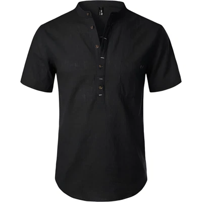 Chemise Henley Homme Casual en Coton Manches Courtes Style Élégant Noire S - Photo 1/4