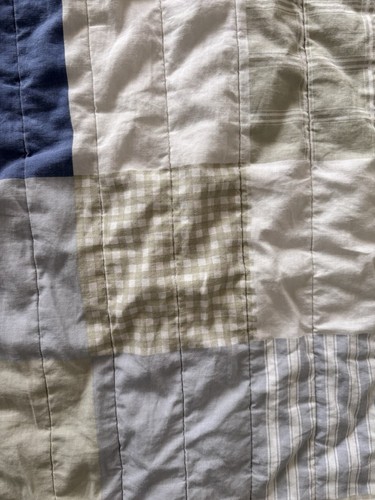 Faux Patchwork Baby Boy Crib Quilt, Denim Plaid Stripe Chambray Blue Olive Sage - Picture 4 of 6