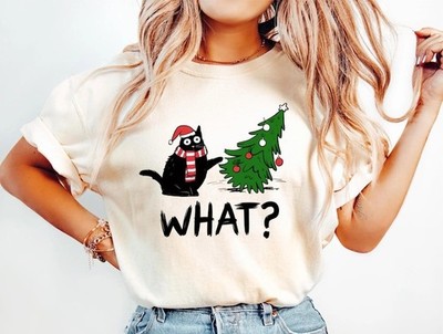 Funny Cat Christmas What Christmas Tree Knocked Cute Holiday Cat Lover T-Shirt