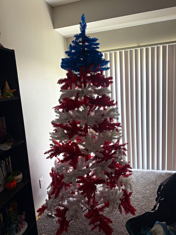Artificial Pre-Lighted Red White & Blue Christmas Tree, Plastic Seasonal Decor