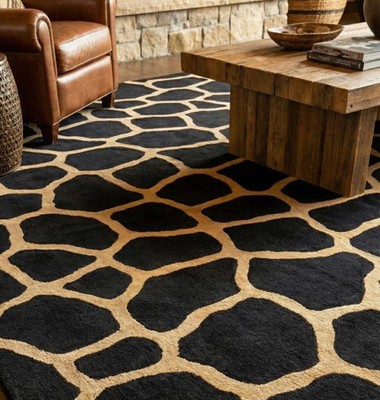 Modern Black Beige Area Rug | Hand Tufted Wool Geometric Carpet | Luxury Carpet
