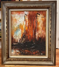 1960 MCM M Delrr Oil Canvas Painting - Impressionist Ships 28" x 24"