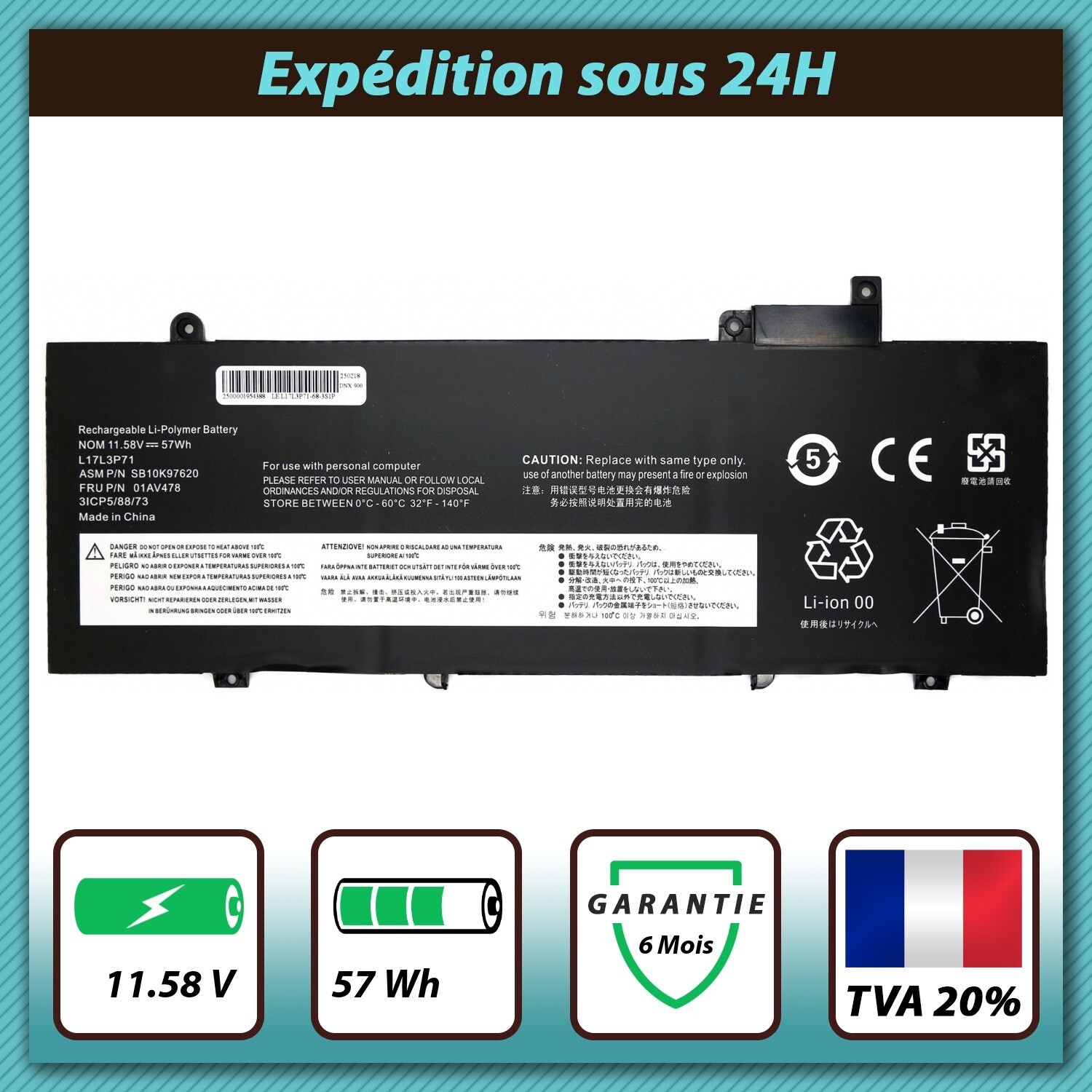 Batterie ThinkPad T480s Lenovo L17L3P71 bloc alimentation interne 57Wh