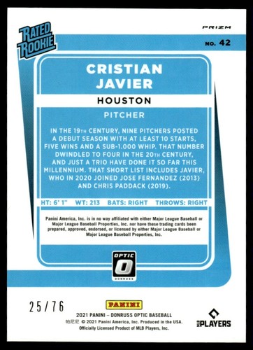 2021 Donruss Optic Spirit of 76 Cristian Javier 25/76 Houston Astros #42 - Picture 2 of 2