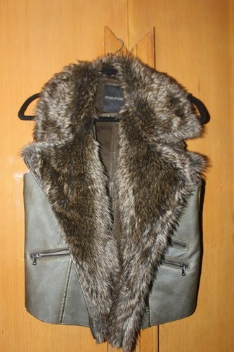 Maurice's Rare Faux Leather & Fur Asymmetrical Gun Metal Green Vest Jacket LG - Picture 2 of 11